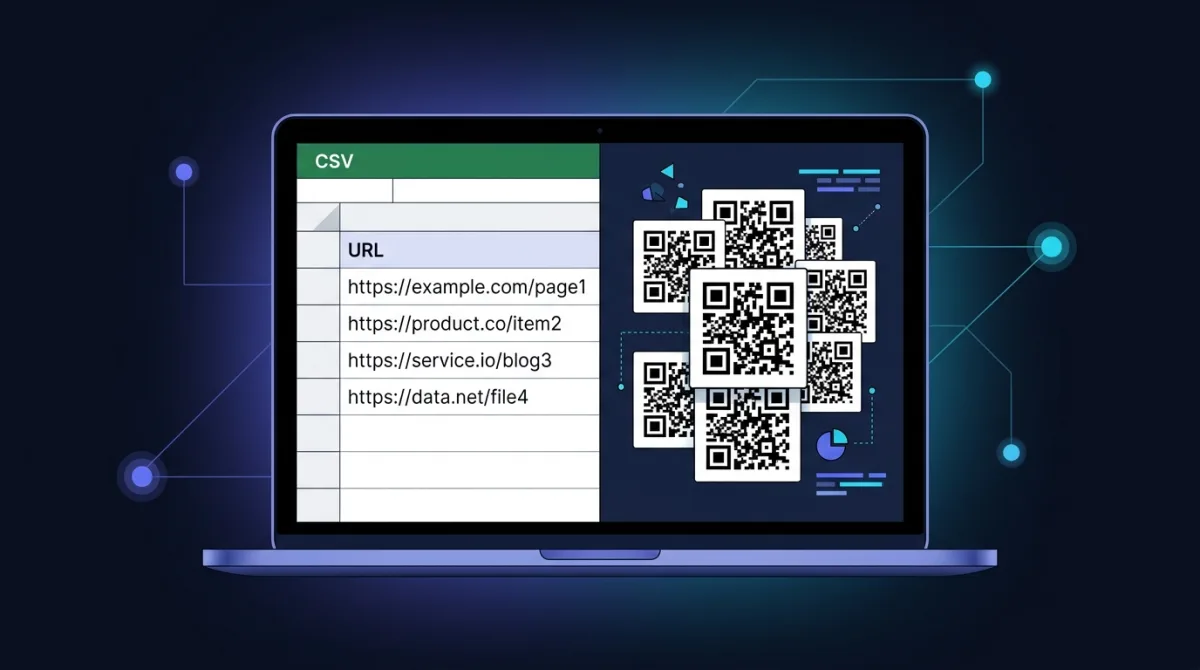Laptop displaying a CSV spreadsheet with a grid of generated QR codes alongside — bulk QR code generator workflow